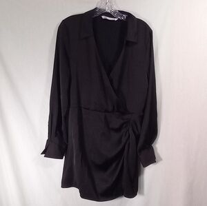 Zara Black Faux Wrap V-neck Long Sleeve Mini Dress Size L